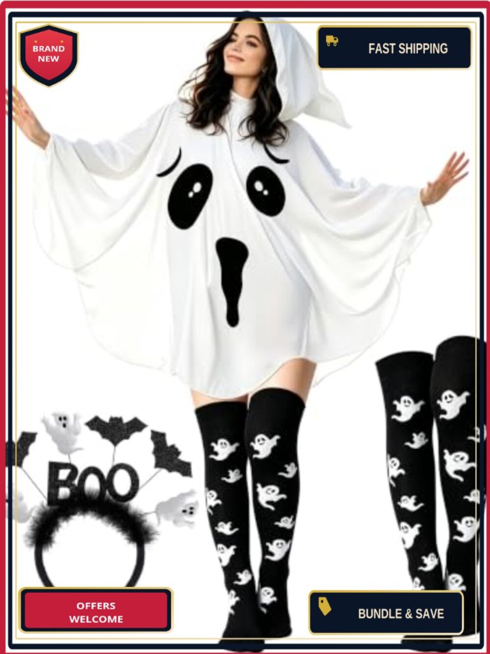 Ghost Costume Poncho Set Hooded Cape BOO Headband Socks